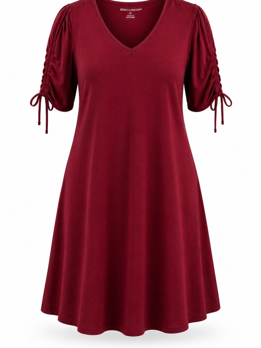 Jessica London Wine V-Neck A-Line Midi Dress with Ruched Tie Sleeves